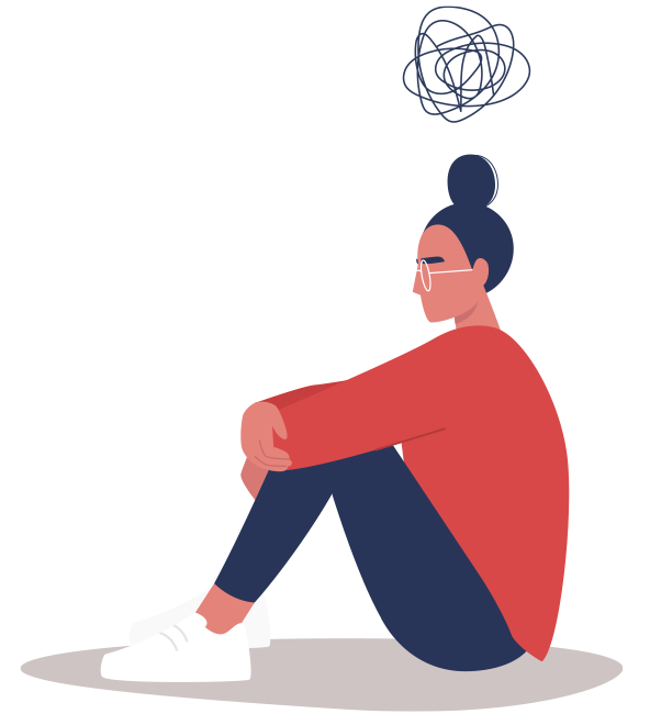 Vector person sitting with hands over knees and thought bubble